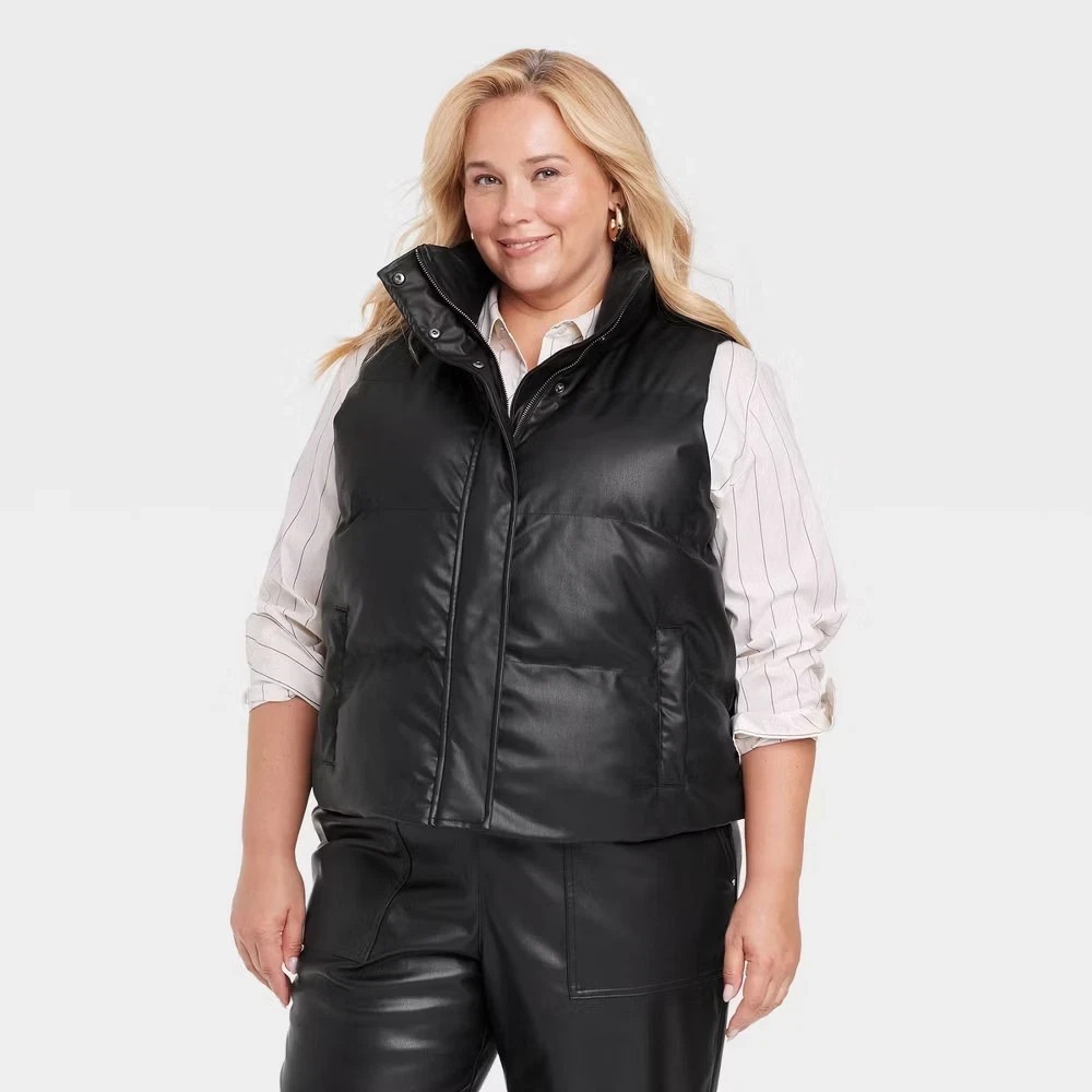 Women's Faux Leather Puffer Vest - A New Day Black‎ XXL: Zipper, Lined
